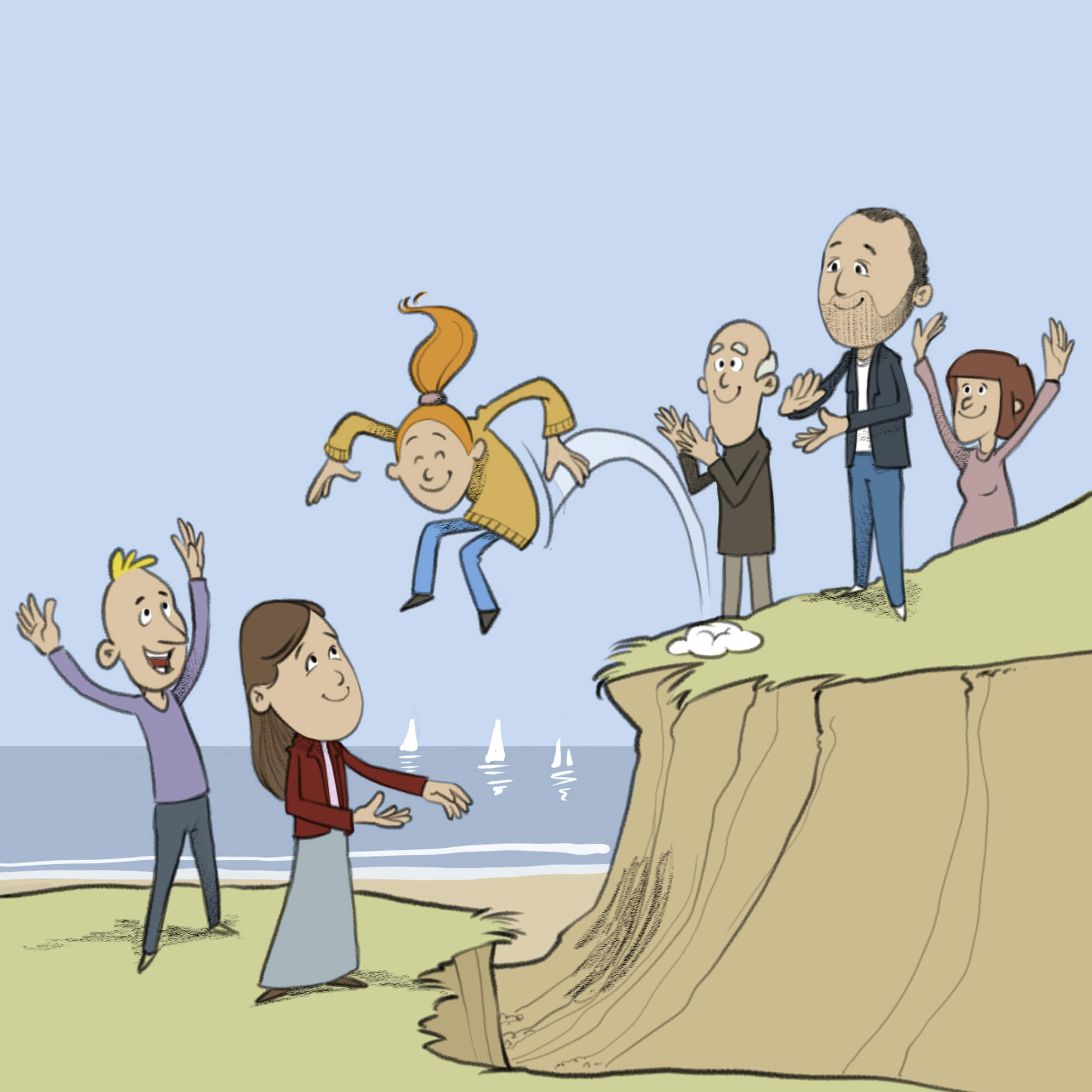 Un personnage saut d'une falaise en direction de Laurence avec confiance.